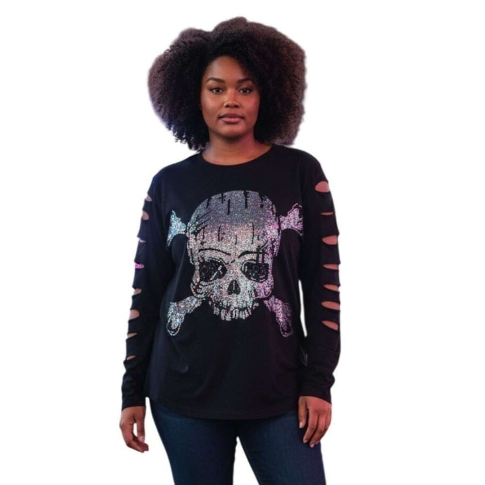 Meysikim Rhinestone Skull Women's‎ One Size Thrashed Whimsigoth Fairygrunge Top